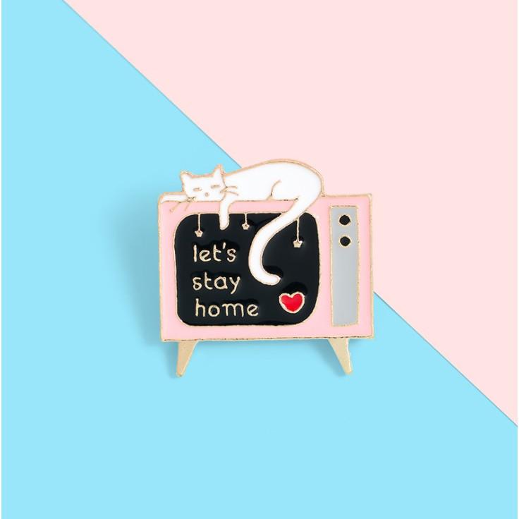 Ghim cài áo mèo lười &quot;Let's stay home&quot;