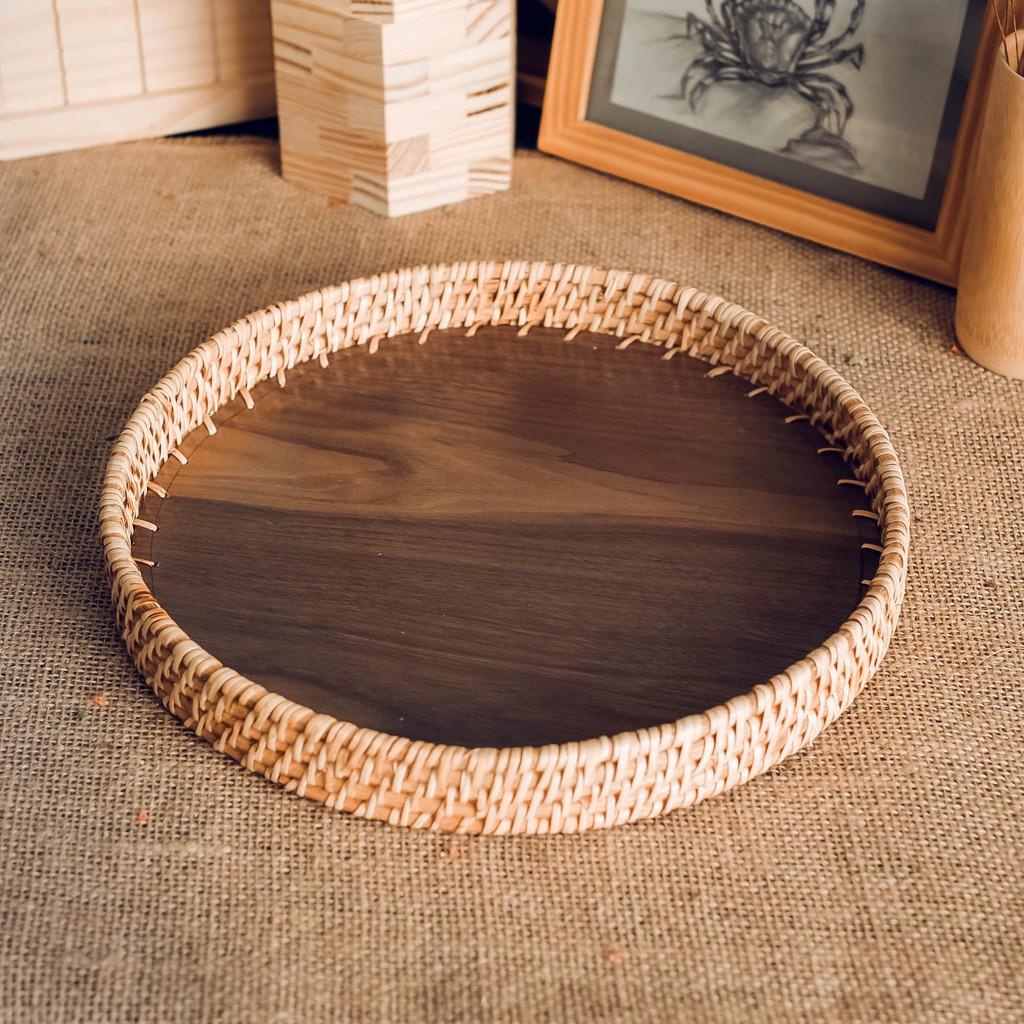 Khay tròn có quai bằng mây đế gỗ - Khay mây tròn-Wooden tea tray