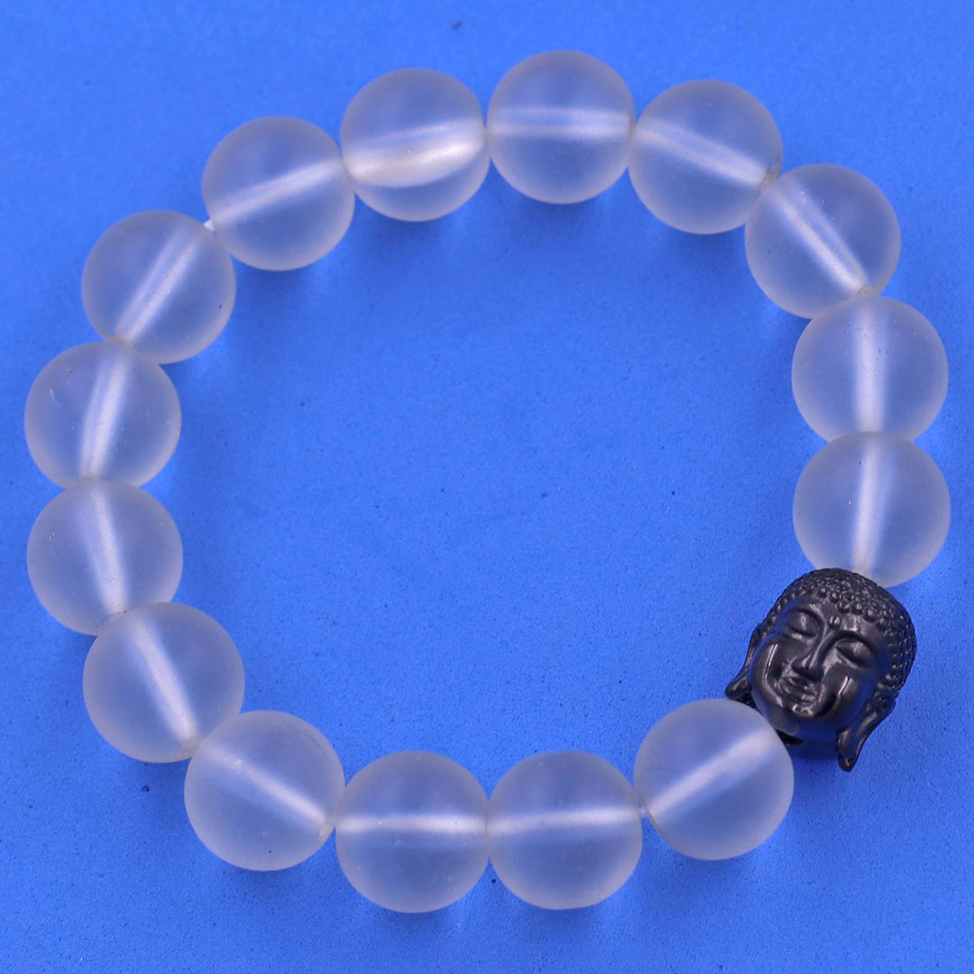 Vòng chuỗi đeo tay đá thạch anh trắng mờ 12 ly charm đầu Phật Như lai inox đen, Như lai Phật tổ, vòng chuỗi phong thủy, A DI ĐÀ