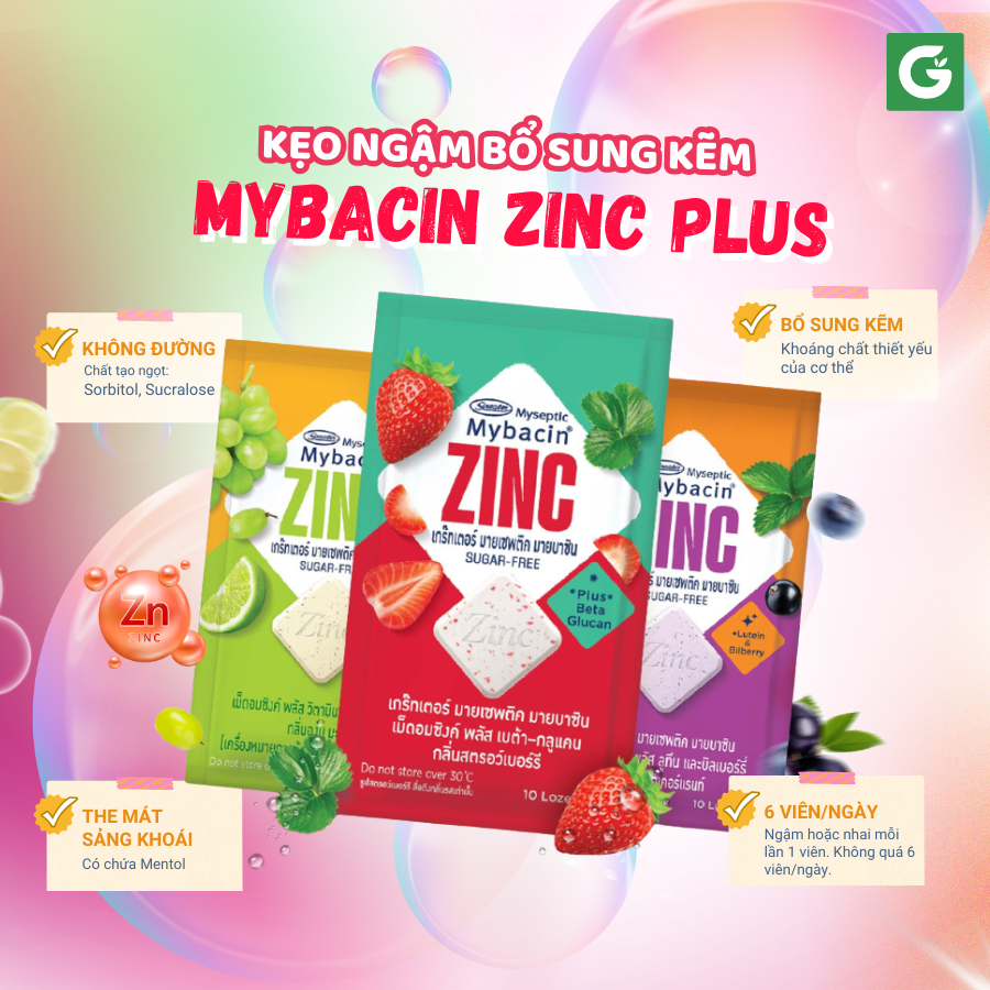 Kẹo Ngậm Mybacin Zinc Plus - Vị Trái cây The Mát Không Đường - Gói 9,4g (10 Viên) - Hàng Nhập Khẩu Thái Lan