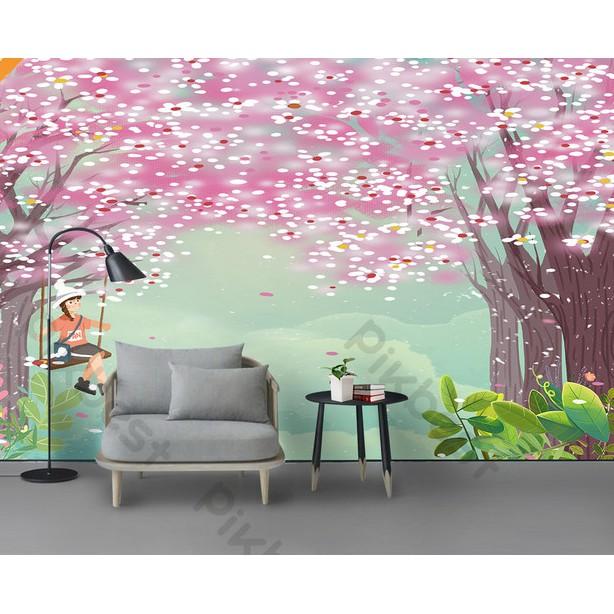 Cô gái nhỏ dưới tán cây đào nở rộ trang trí phòng em bé, tranh dán tường 3d hiện đại MS1277299