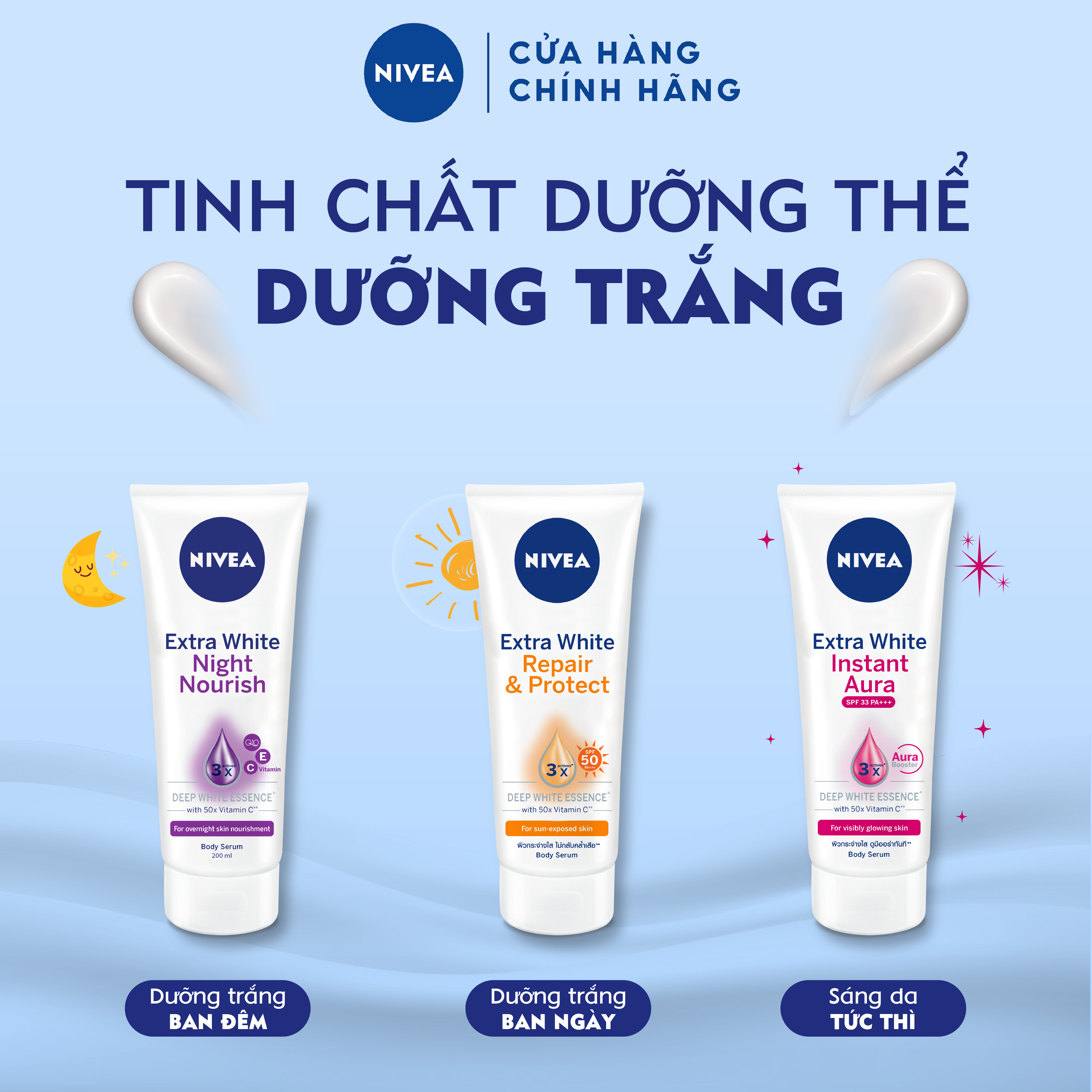 Combo Tinh chất dưỡng thể trắng da NIVEA ngày 180ml &amp; đêm 200ml (88314+89122)