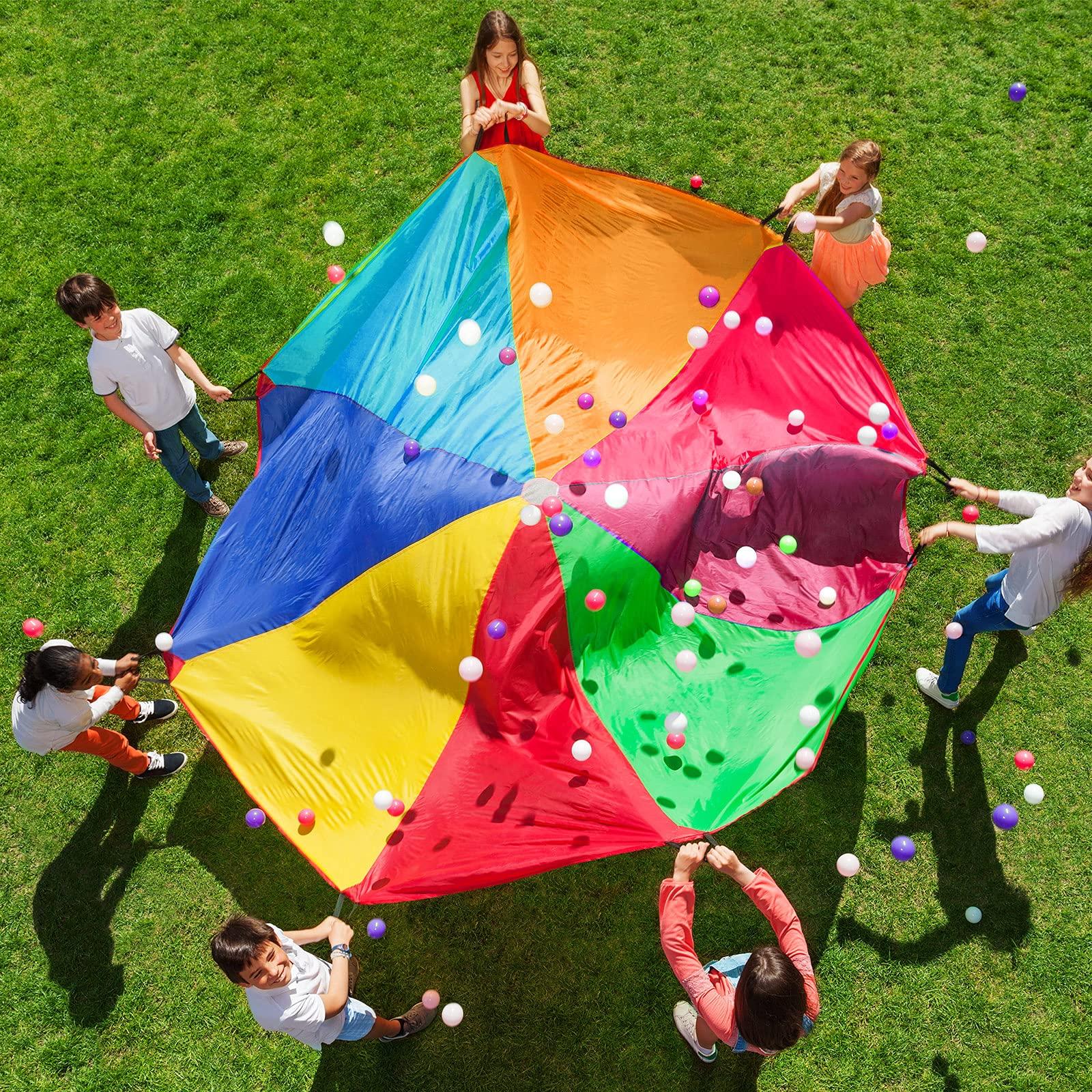 Rainbow Parachute Chơi dù cho trẻ em Đồ chơi giáo dục mầm non mẫu giáo cầu vồng Lều chơi nhiều màu có 8 tay cầm cho các trò chơi hoạt động của trẻ em, 6,56 feet