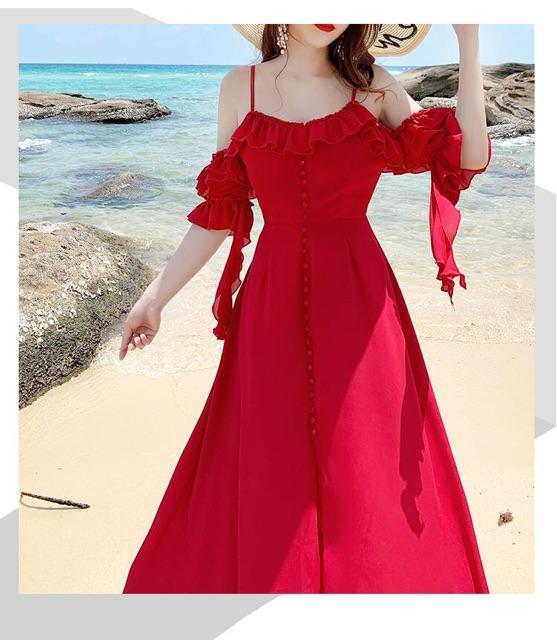 Váy maxi đỏ tay bèo 2 dây xẻ tà đi biển chụp hình siêu đẹp ạ