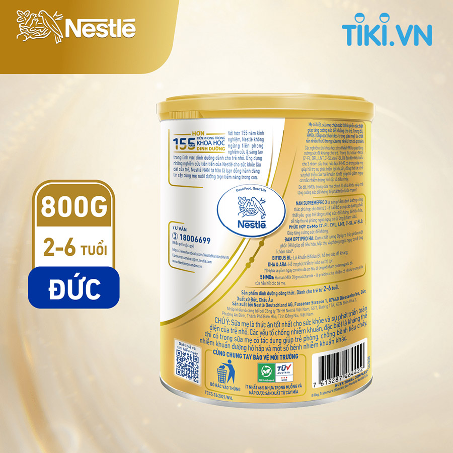 Sữa bột Nestlé NAN SupremePro 3 nhập khẩu từ Đức với 5HMO giúp tăng đề kháng, đạm Gentle Optipro giúp dễ hấp thu & ngừa nguy cơ dị ứng
