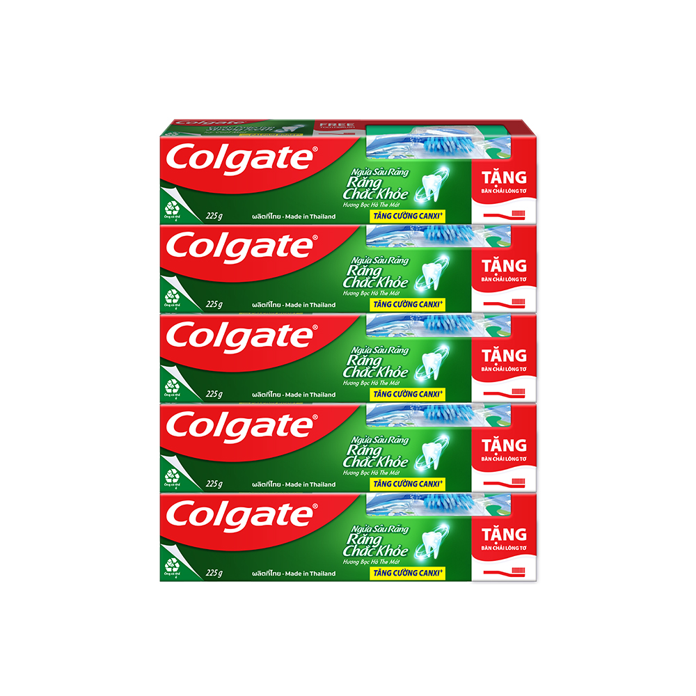 Bộ 5 kem đánh răng Colgate ngừa sâu răng răng chắc khỏe 225g/tuýp tặng bàn chải đánh răng lông tơ nhập khẩu Thái Lan