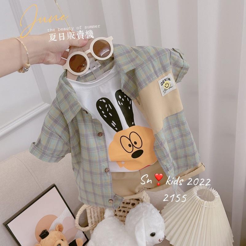 Set 3 chi tiết bộ sơ mi kẻ Mickey cho Bé trai đi học đi chơi