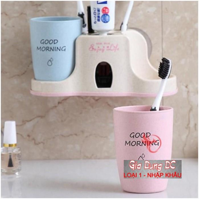 Khay nhả kem kèm 2 cốc đánh răng tự động lúa mạch - dụng cụ gắn tường tiện ích