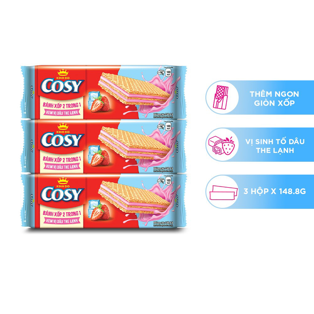 Combo 3 Bánh Xốp Cosy 2 trong 1 – Kem Vị Dâu The Lạnh, gói 148.8g