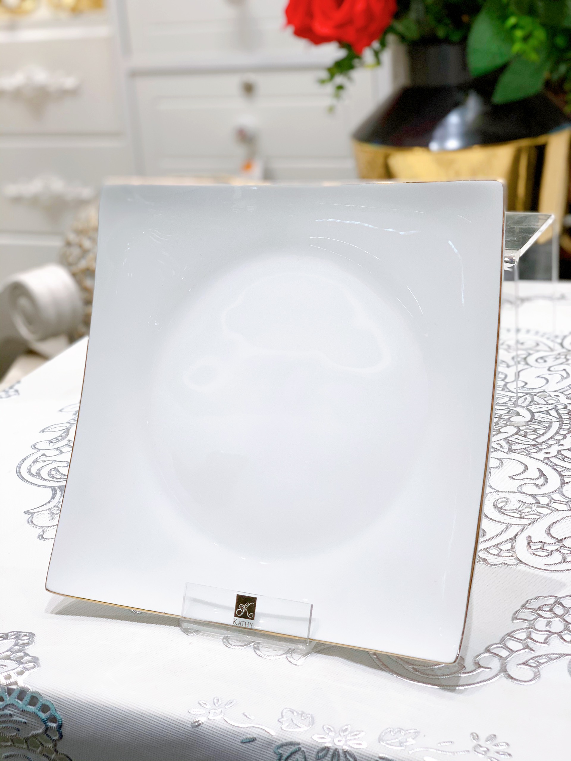 Đĩa vuông trơn sứ xương cao cấp viền vàng hiện đại 21x21cm WHITE 5537S