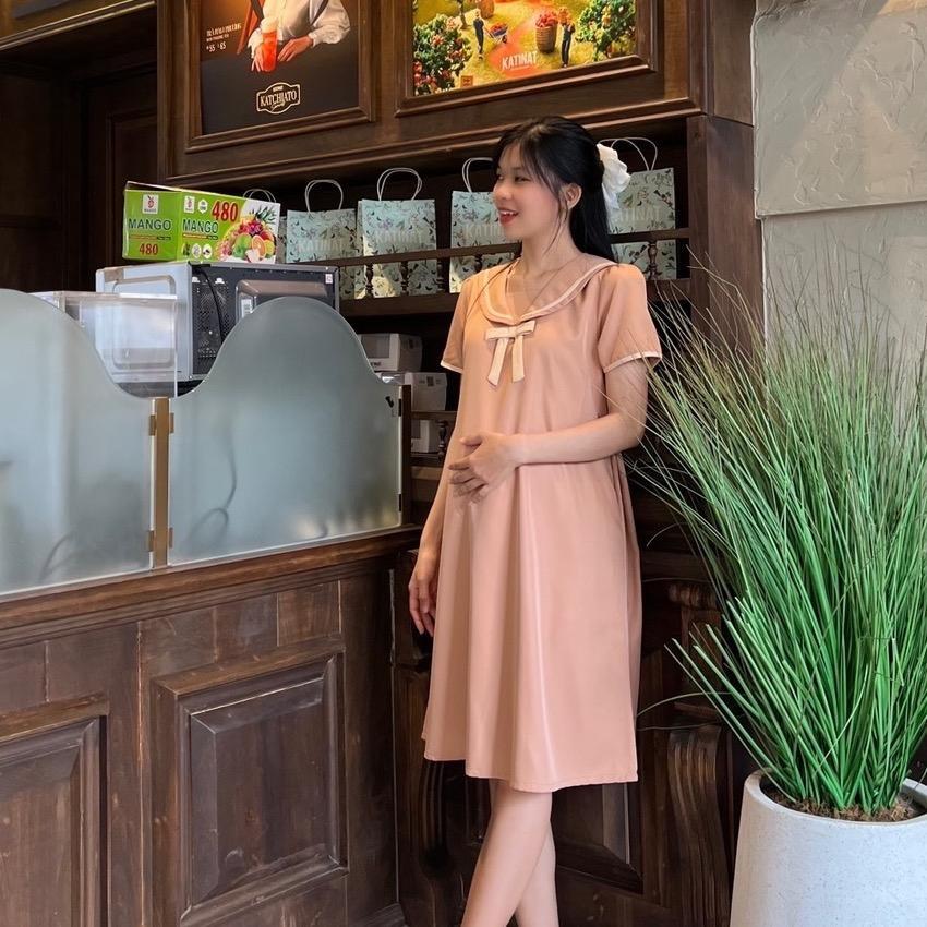 Đầm bầu cotton lạnh cổ sen đính nơ viền cách điệu dễ thương - Đen