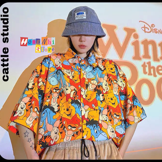Áo Sơ Mi Hoạ Tiết Đi Biển Gấu Pooh Hoạt Hình Tay Lỡ Dáng Rộng Ulzzang Unisex - MM