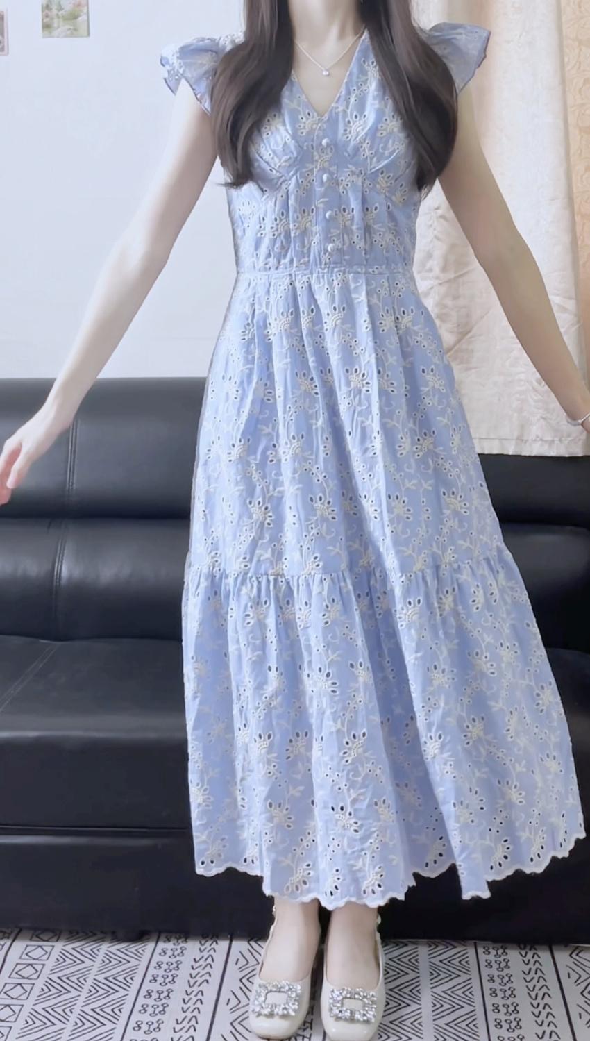 DIYIWEI Phong cách Pháp ngọt ngào khí chất màu xanh cam cuống váy nữ sinh mùa hè thu eo lộ vẻ gầy trung dài mảnh hoa váy