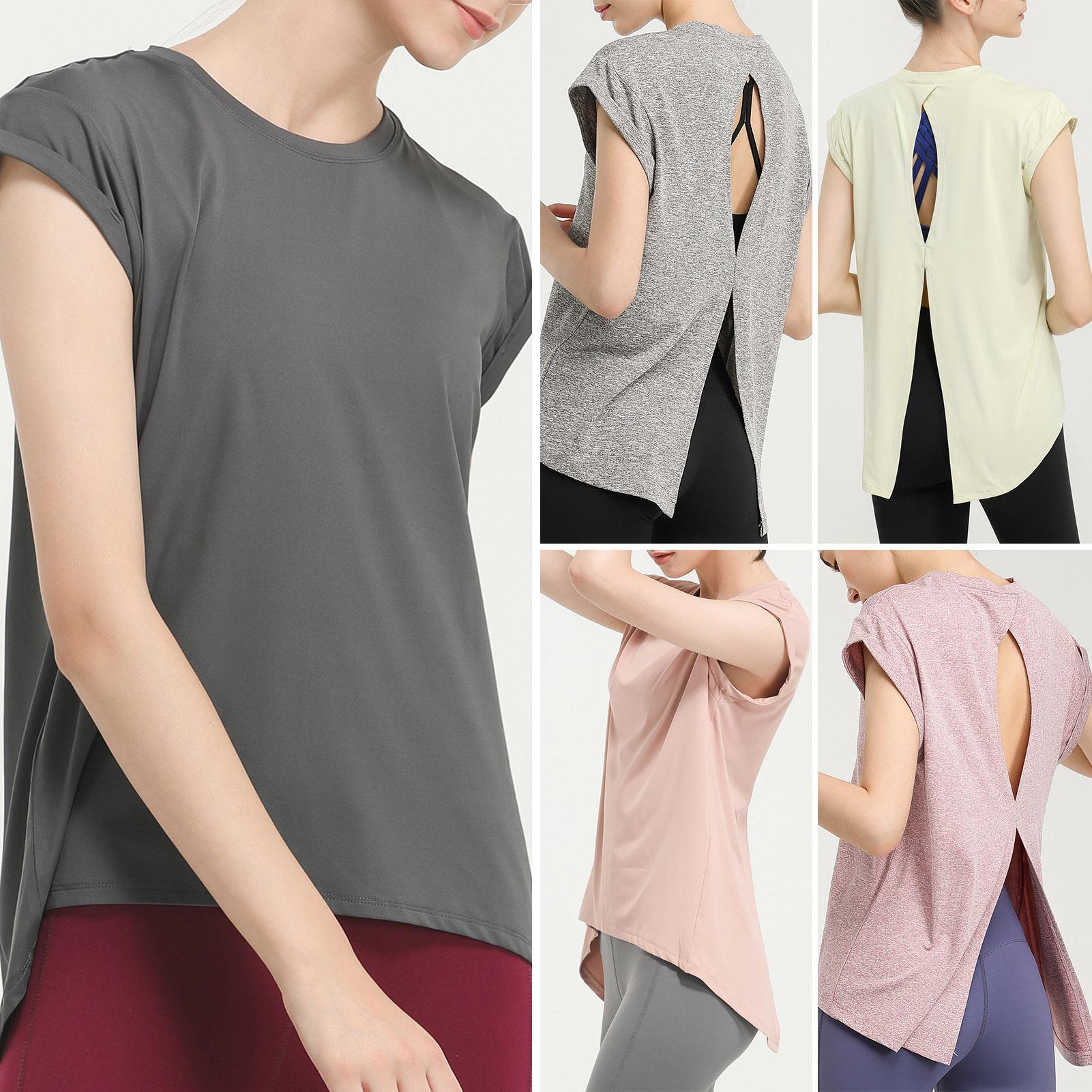 Áo thun thể thao nữ xẻ lưng giúp tôn dáng, tay ngắn, nhanh khô, dùng trong yoga, gym