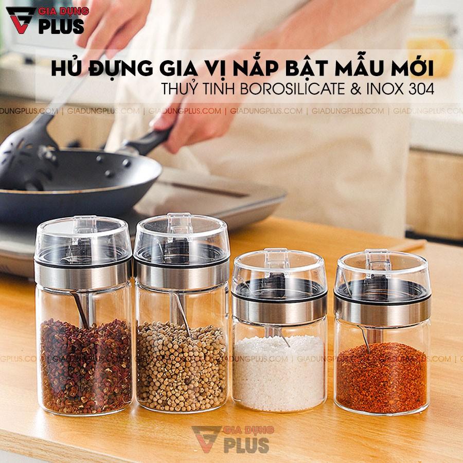 Lọ đựng gia vị thuỷ tinh chịu nhiệt, chịu lực cao cấp - tay cầm và viền inox 304 nắp bật siêu kín tiện lợi