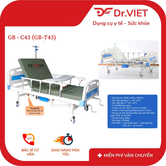 Giường bệnh nhân 3 tay quay Lucass GB-C43 (GB-T43) chính hãng và bền bỉ phù hợp cho bệnh nhân, người già, người bị liệt