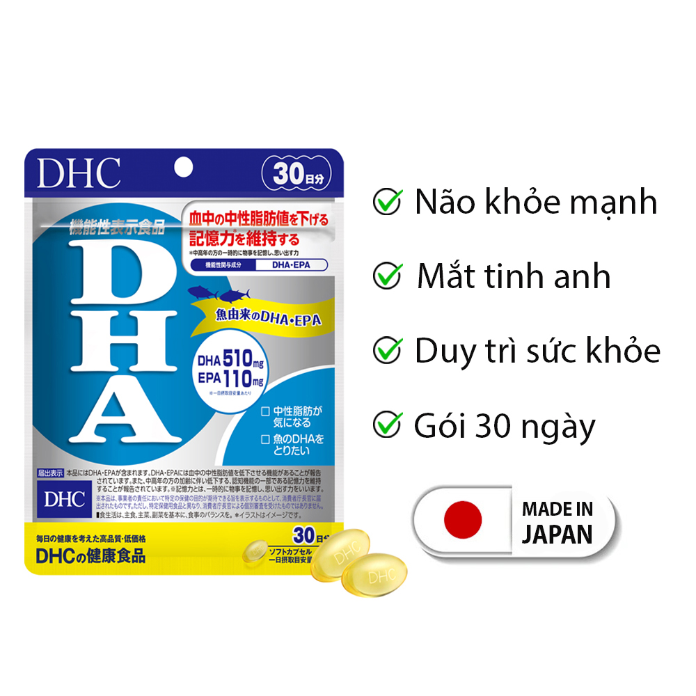 Viên uống bổ não DHC Nhật Bản thực phẩm chức năng bổ sung Omega 3, DHA, EPA phát triển não bộ, cải thiện thị lực đồng thời duy trì trí nhớ gói 30 ngày JN-DHC-DHA30