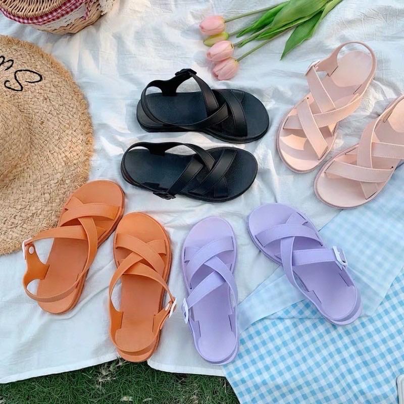 Giày sandals nữ đan chéo màu pastel xinh xắn summer 2021