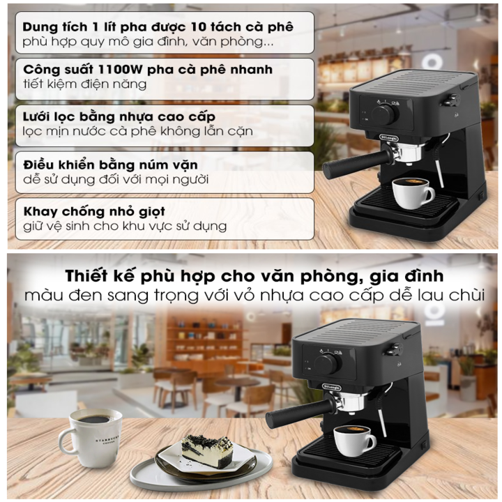 Máy pha cà phê cao cấp thương hiệu Espresso Delonghi EC235.BK - Công suất 1100W - HÀNG NHẬP KHẨU CHÍNH HÃNG