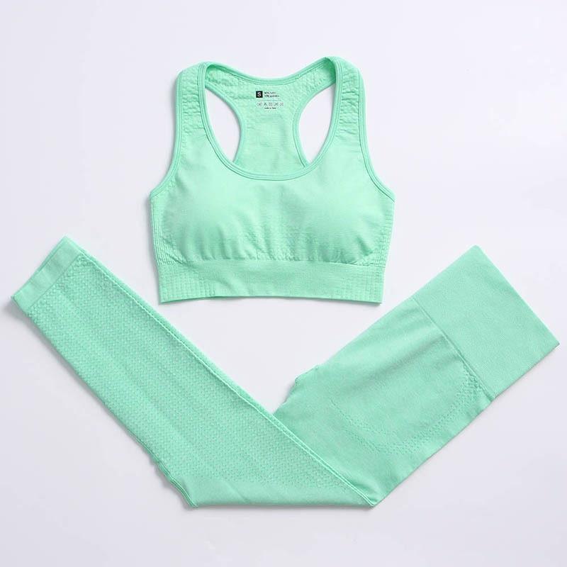 Set bộ đồ tập gym yoga nữ áo bra và quần legging thể thao chất dệt co giãn 4 chiều kèm mút- D17