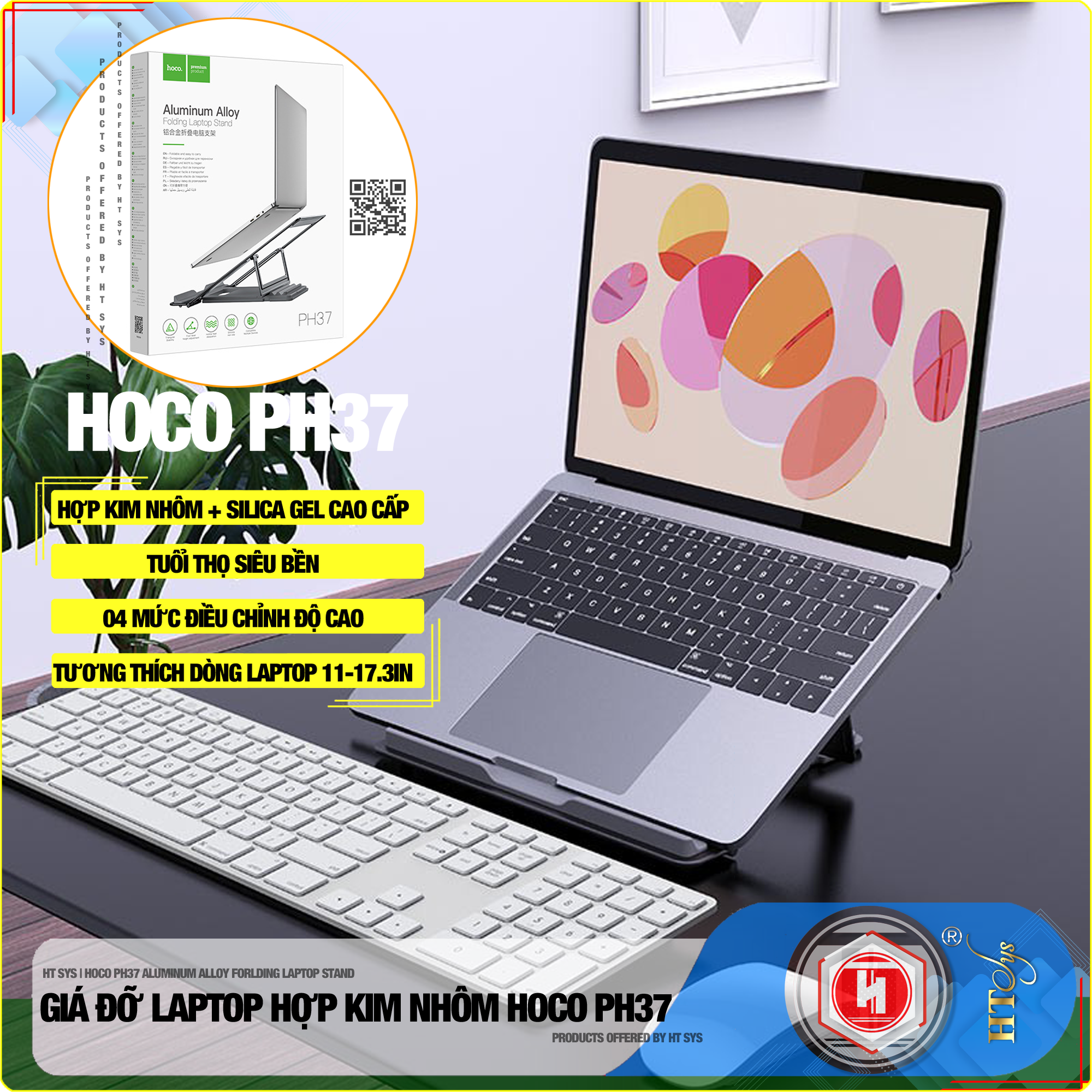 Giá đỡ laptop hợp kim nhôm + silica gel cao cấp có thể gấp gọn.Giúp tản nhiệt laptop, macbook, máy tính xách tay.04 Chế độ điều chỉnh góc độ HT SYS hoco PH37 ALUMINUM alloy  FORLDING laptop STAND [ Hàng Nhập Khẩu ]