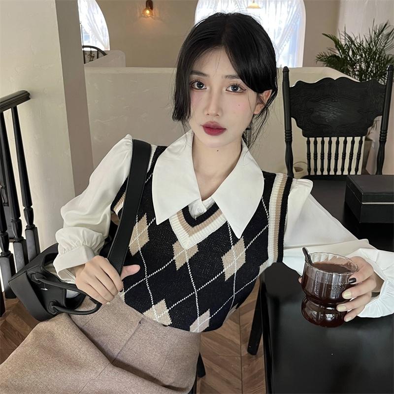 Áo gile len nữ kẻ sọc caro cổ chữ V họa tiết kim cương phối viền kiểu Hàn Quốc hàng Quảng Châu đẹp H-14