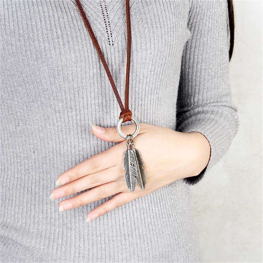 Punk Brown Leather Chain Necklace Double Silver&Gold Leaf Pendant Design