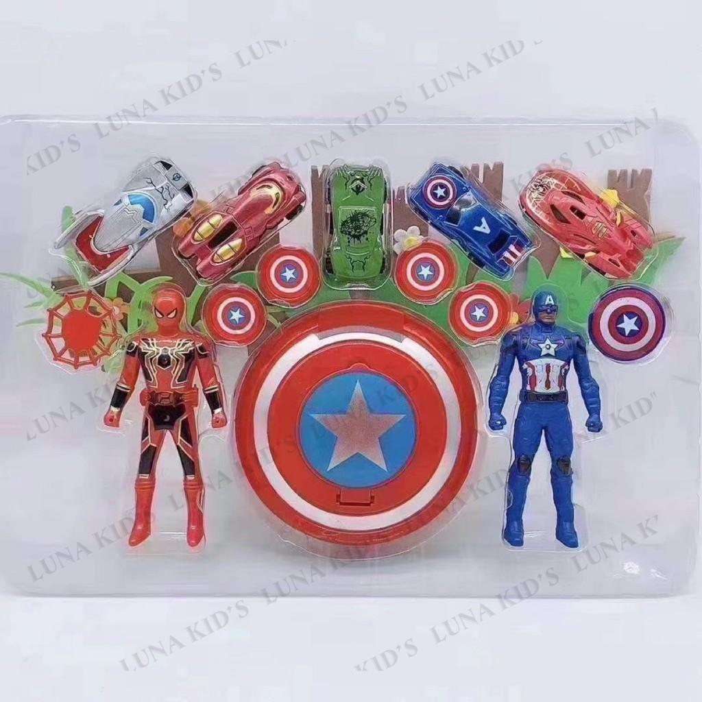 Mô Hình Siêu Nhân Bộ Đồ Chơi Người Nhện Và Captain American Có Khiên Và 5 Ô Tô Bánh Đà Luna Kid's