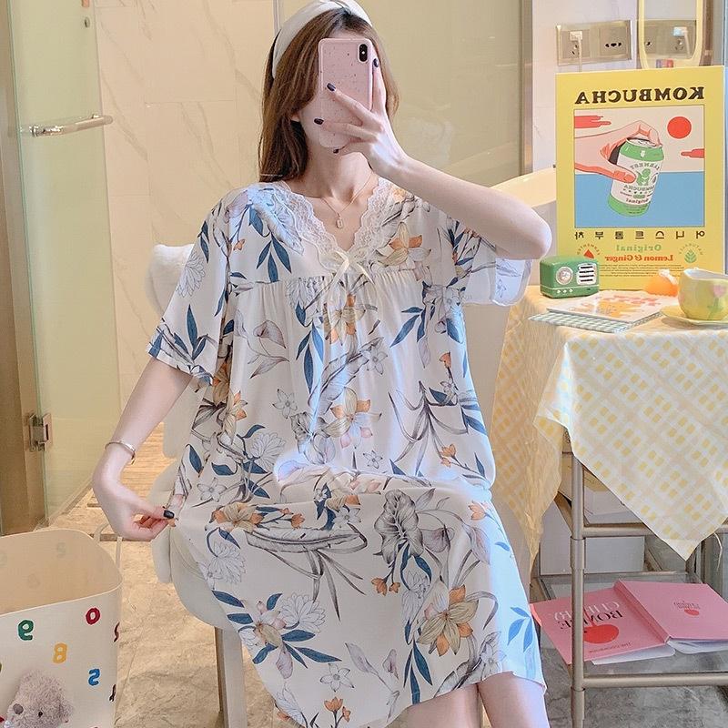 Váy/đầm nữ cộc tay cổ V phối ren vải lanh thoáng mát, dáng suông dài nhiều họa tiết freesize 45 - 65 kg