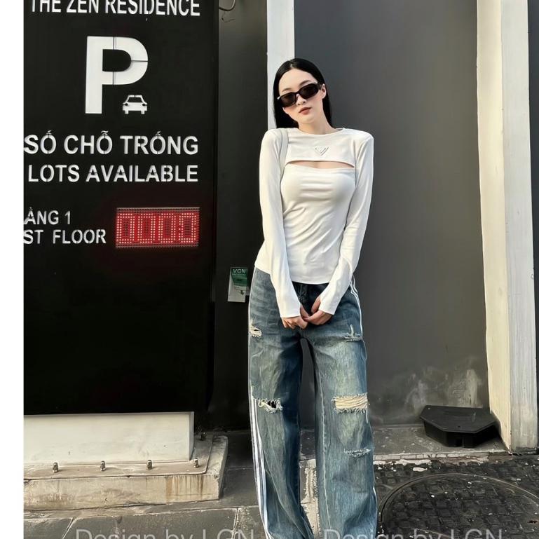Áo thun, áo thu đông, áo dài tay kiểu dáng khoét ngực trẻ trung Trendy Clothing