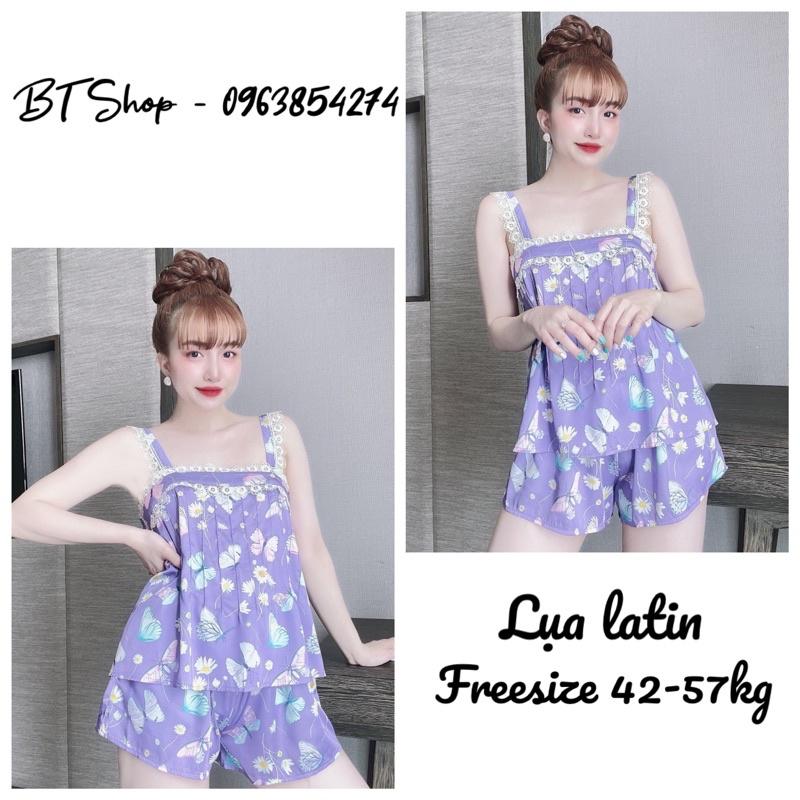 Đồ bộ ngủ mặc nhà lụa latin hoạ tiết phối ren quần đùi freesize 42-57kg