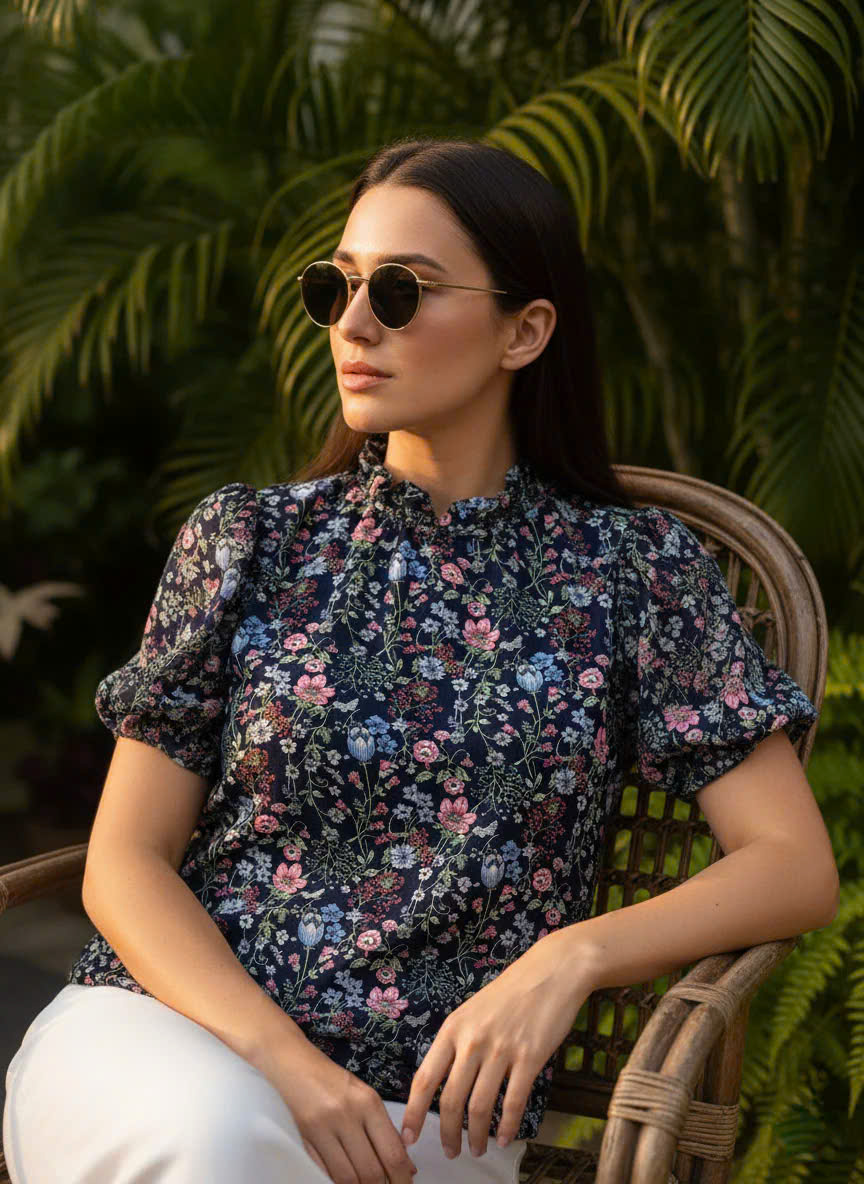 Áo Tay Phồng Điểm Ngọc, Áo Tay Phồng Cổ Lọ Thấp Chiffon Voan Hoa thời trang thiết kế Hity Top231