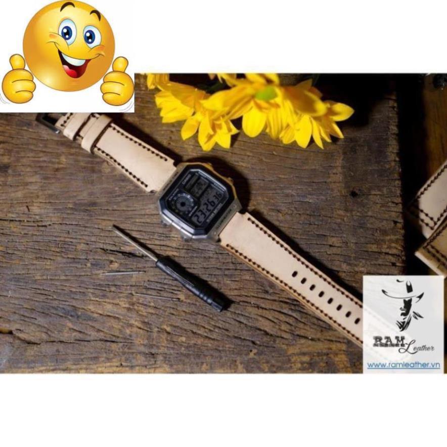 DÂY ĐỒNG HỒ DA BÒ THẬT CHO CASIO – RAM 1970 VEGTAN TRẮNG CHÍNH HÃNG