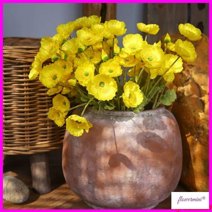 Hoa giả, cành hoa anh túc 3 bông trang trí nhà cửa dài 60cm Flowermini AT-01