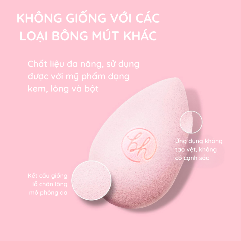 Mút tán kem nền BH COSMETICS dạng giọt nước mềm mại tiện dụng màu hồng