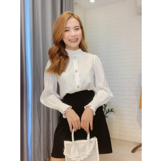 Áo sơ mi nữ đính cúc ngọc trai tay cổ bo chun - ASM30
