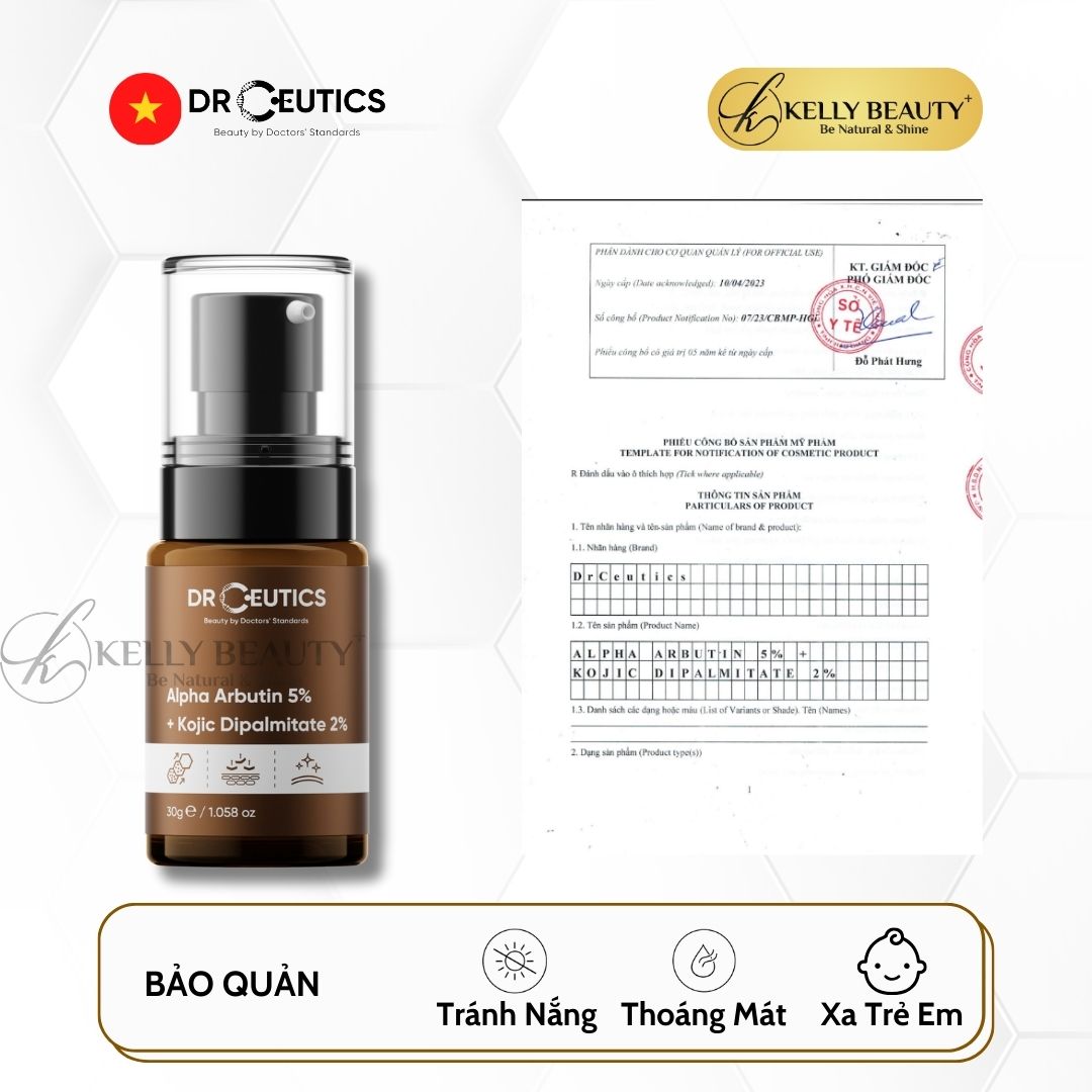 Serum Alpha Arbutin 5% + Kojic Dipalmitate 2% DrCeutics - Làm Sáng Đều Màu Da; Giảm Thâm Đen, Sạm Nám | Kelly Beauty