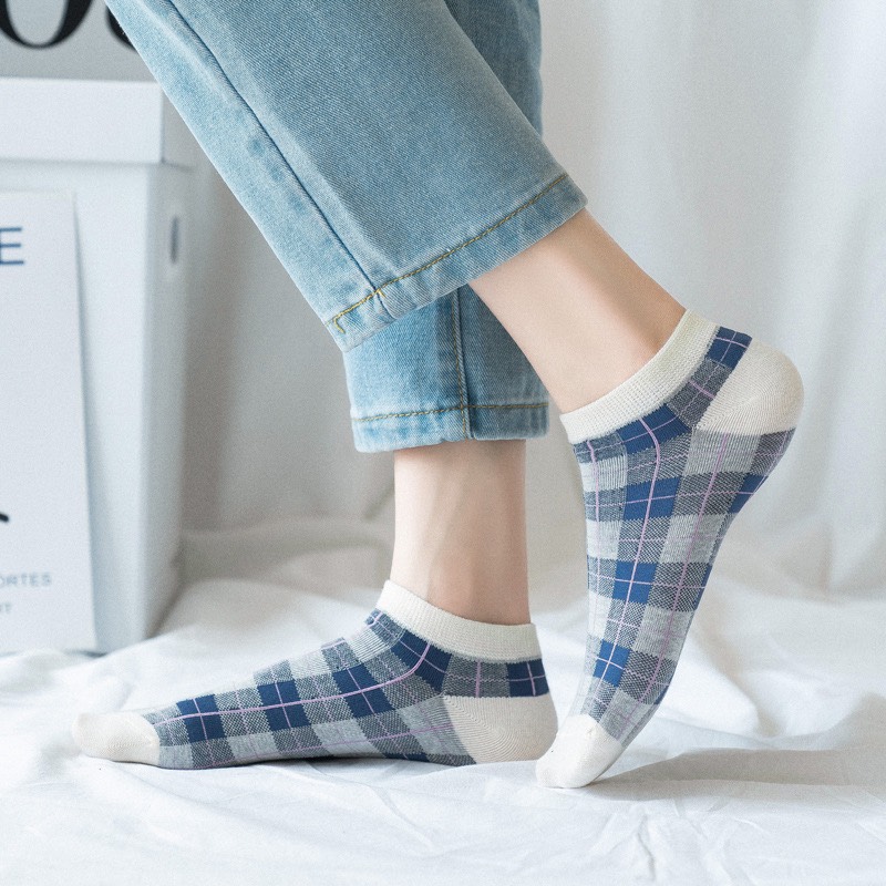 Set 5 Đôi Tất Cổ Ngắn Họa Tiết Caro Màu Sắc Tươi Sáng Kiểu Dáng Trẻ Trung TN58