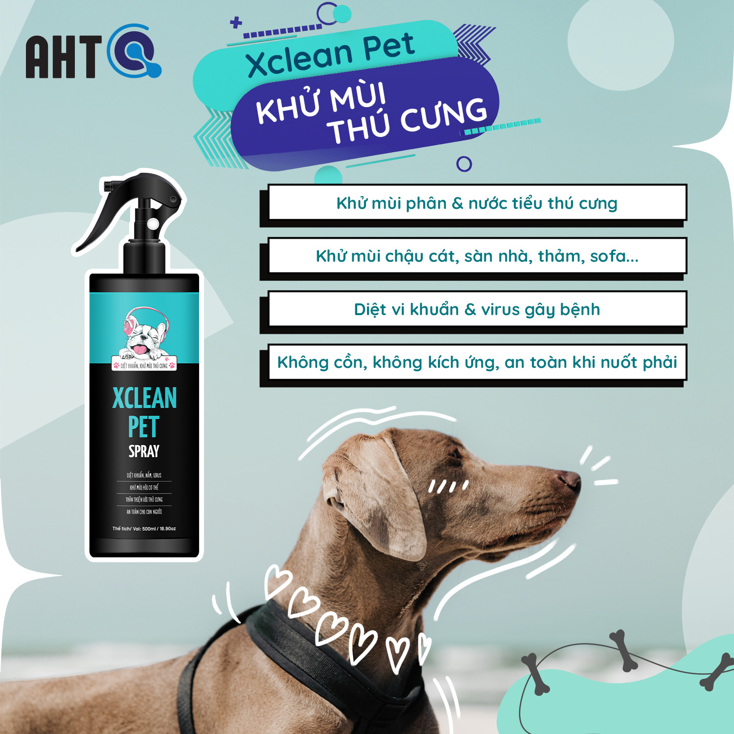 CHAI XỊT KHỬ MÙI HÔI THÚ CƯNG, KHỬ MÙI HÔI NƯỚC TIỂU CHÓ MÈO, CÁT VỆ SINH, KHAY, LỒNG, CHUỒNG CHÓ MÈO-XCLEAN PET 500ML-NANO BẠC AHT CORP (AHTC)