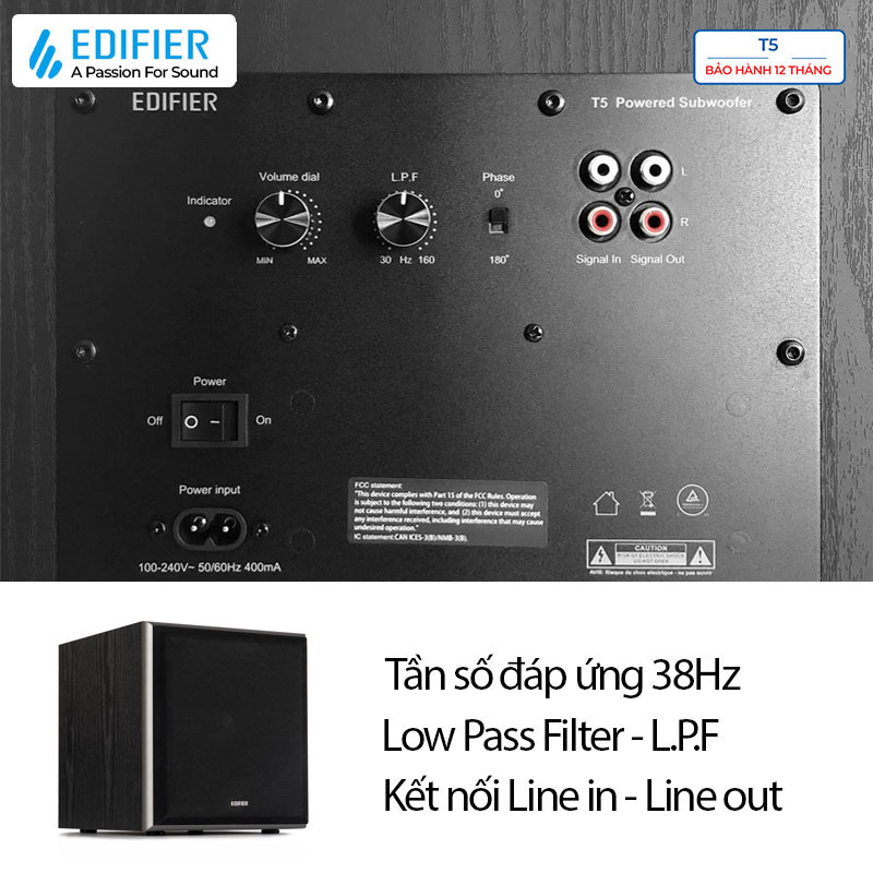 Loa EDIFIER T5 siêu trầm Công suất 70W Bass driver 8 inch Low Pass Filter Hiệu ứng âm thanh sống động - Hàng chính hãng