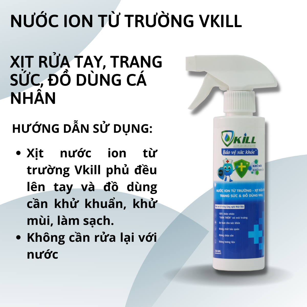 Nước rửa tay đánh bóng trang sức vàng bạc Vkill 250ml khử khuẩn làm sạch nhanh với ion từ trường