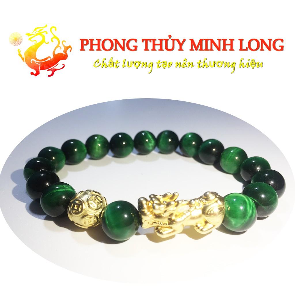 Vòng tay đá Mắt Hổ Xanh Lá chất lượng 5A mix Tỳ Hưu và 1 hạt kim tiền Vàng hợp mệnh Mộc và Mệnh Hỏa