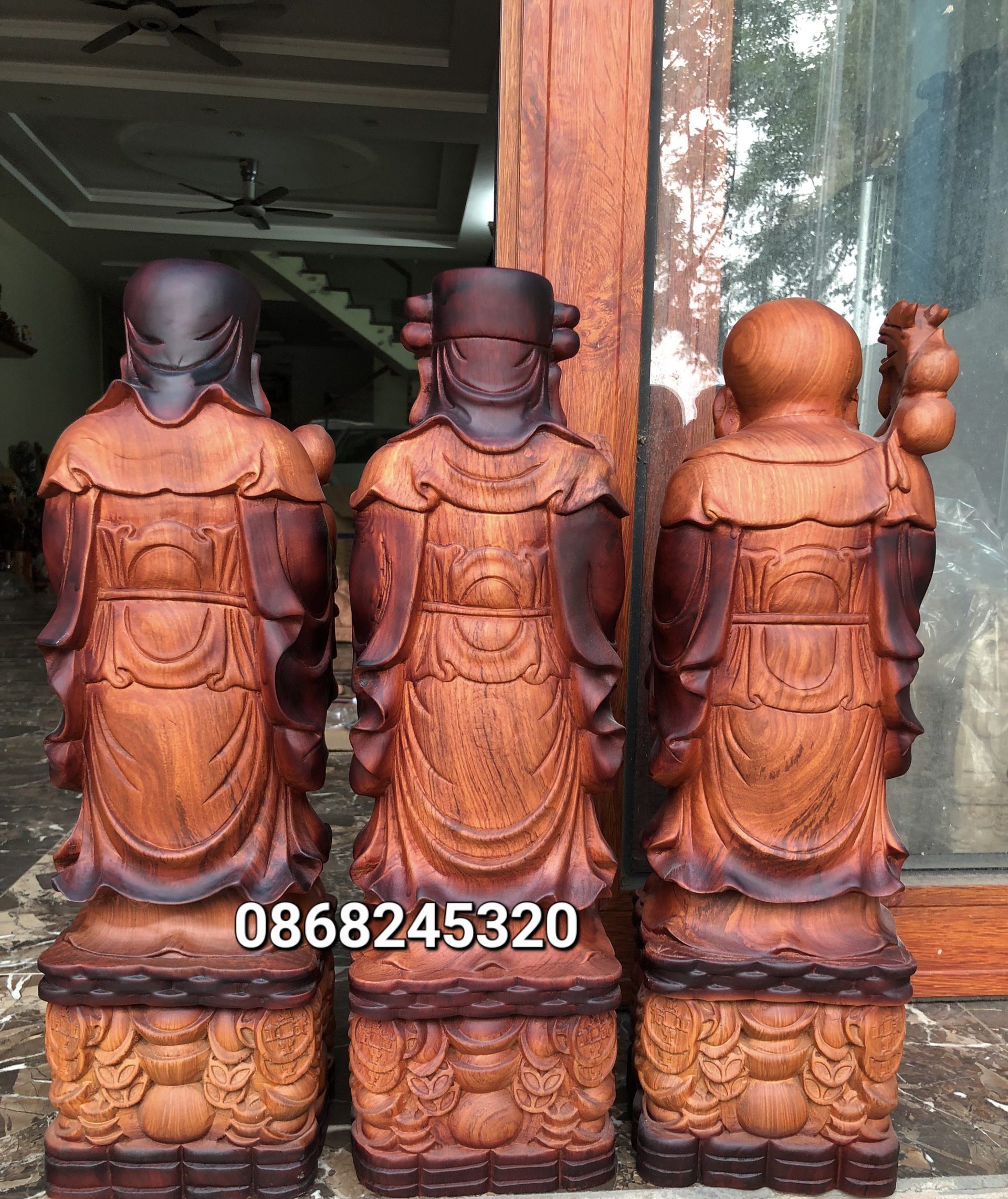 Bộ tượng phật tam đa phúc lộc thọ gỗ hương đá pu giả cổ kt cao 50×16×14cm