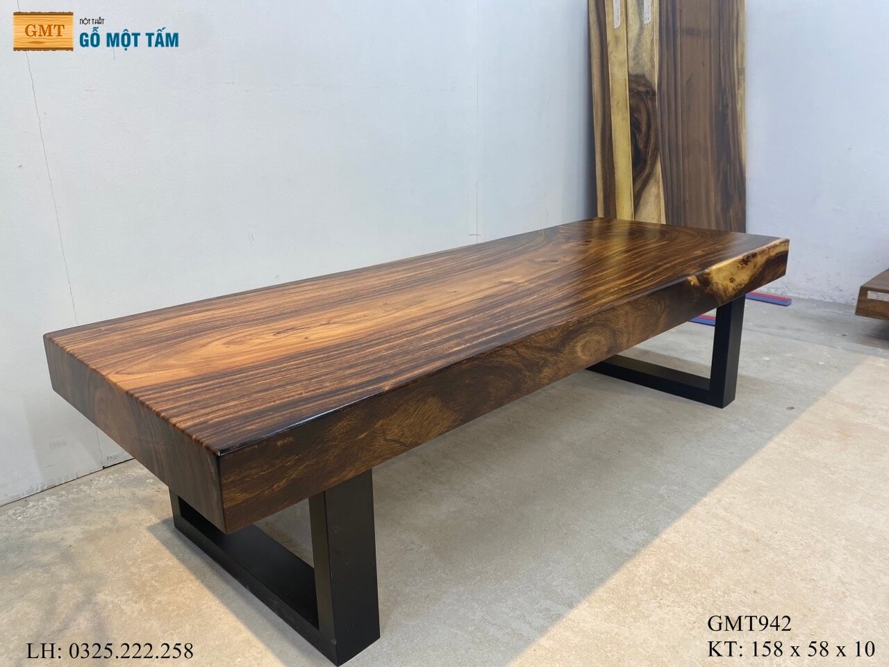 Bàn Gỗ Me Tây Nguyên Tấm, Bàn Sofa Gỗ Me Tây, Bàn Cafe Gỗ Me Tây Dài 1,58m Rộng 58cm Dày 10cm