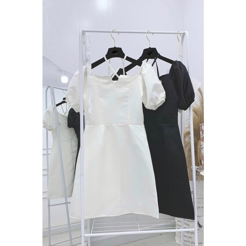 Váy Buộc Dây Chéo Cổ Khóa Lưng, Đầm Nữ Chữ A Hàn Quốc
