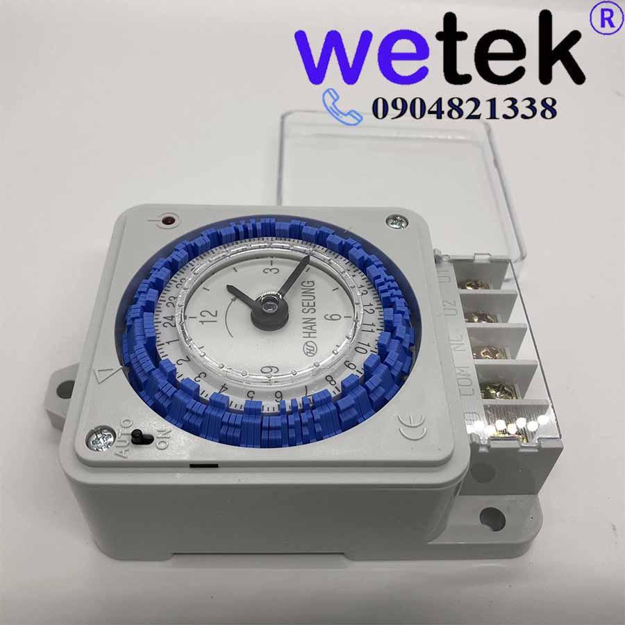Timer 24h Hanseung, loại cơ, HTS 24 BB, có pin tự sạc, cài theo 10 phút, Hàn Quốc, cặp tiếp điểm ra 16A, 110Vac~220Vac