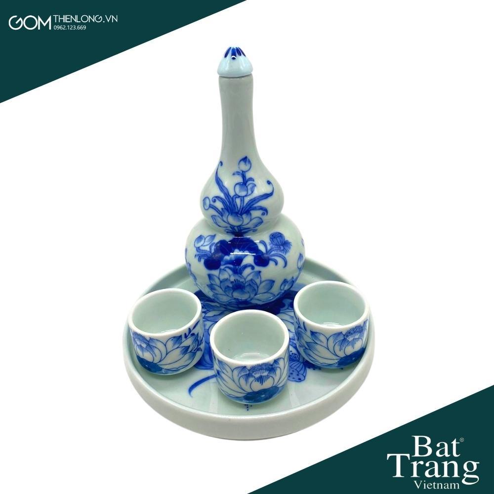 Bộ Bát Đĩa Thắp Hương Men Lam Ngọc Vẽ Sen - Đồ Thờ Cúng Bát Tràng - Gốm Thiên Long