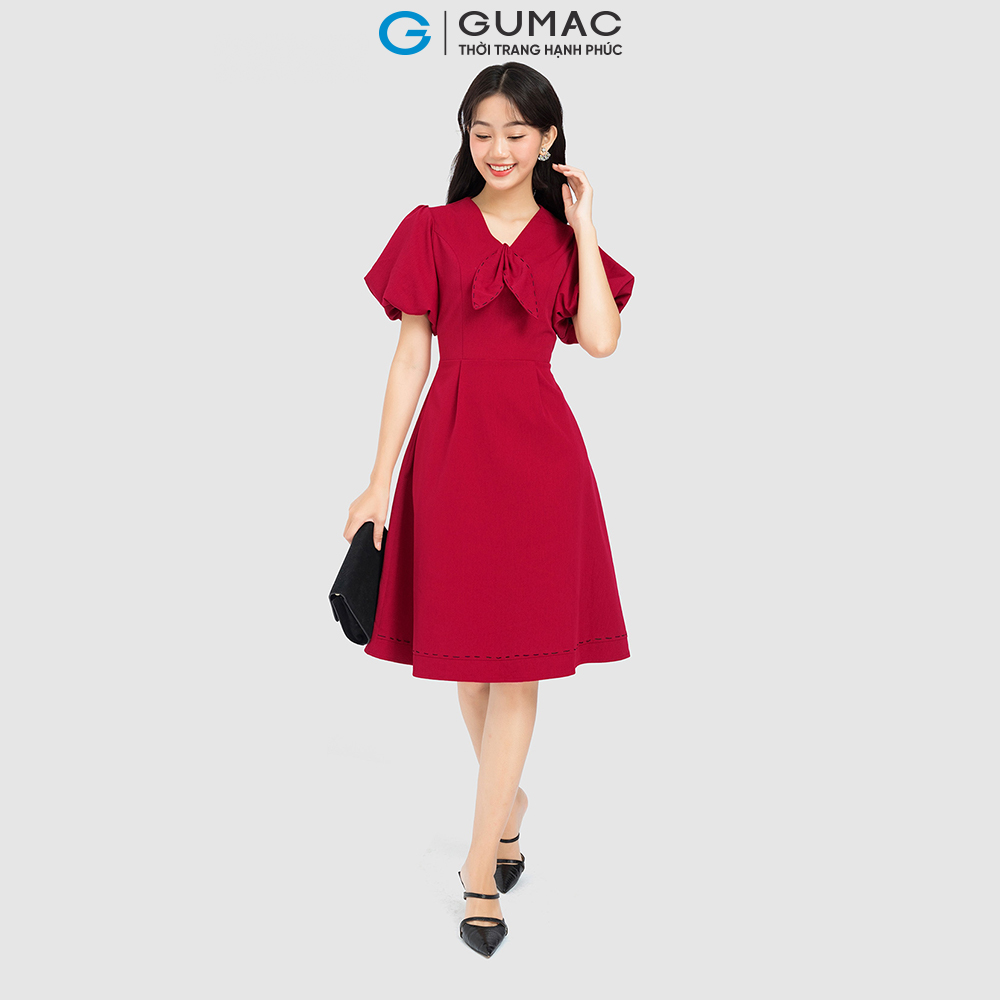 Đầm nơ cổ phối chỉ GUMAC DC08037 form A luôn chỉ đính nơ