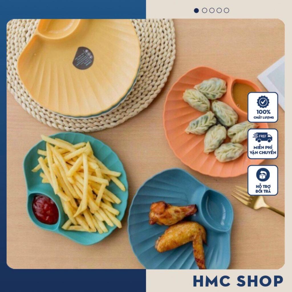 Đĩa nhựa decor đẹp set 4 đĩa đựng thức ăn hình vỏ sò có ngăn để gia vị chấm nhiều màu chất lượng cao
