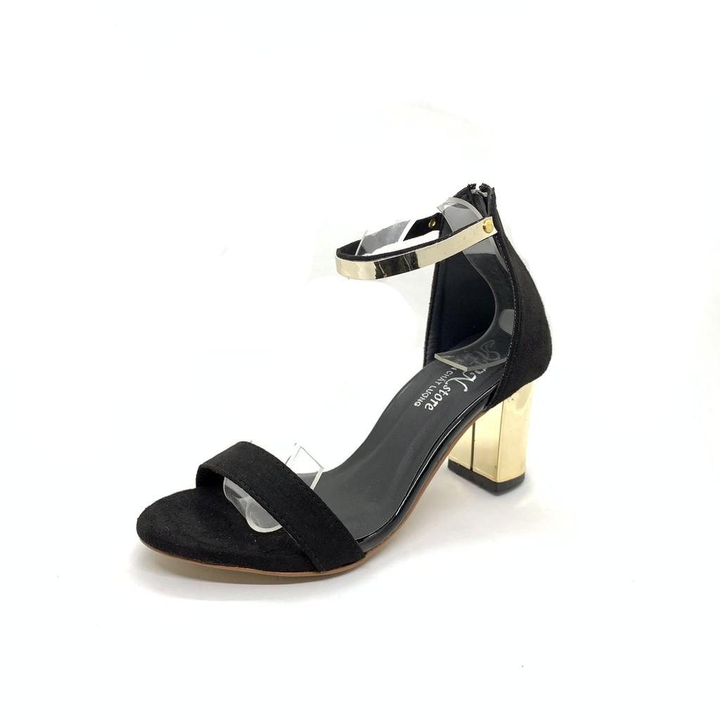 Giày cao gót sandal 7 phân quai đen cổ gót đồng __LZ151